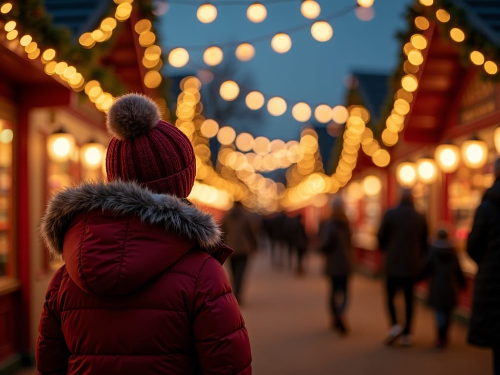 Famiglia visita un mercatino di Natale a Londra tra luci festive serali
