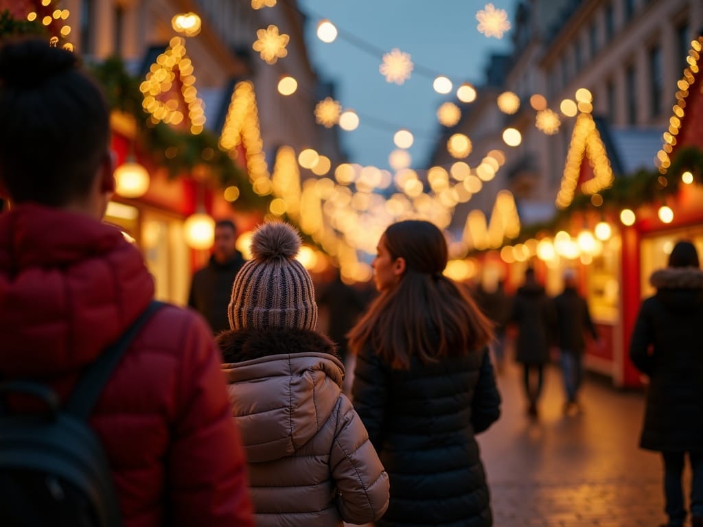 Famiglia che visita un mercatino di Natale a Londra con luci festive