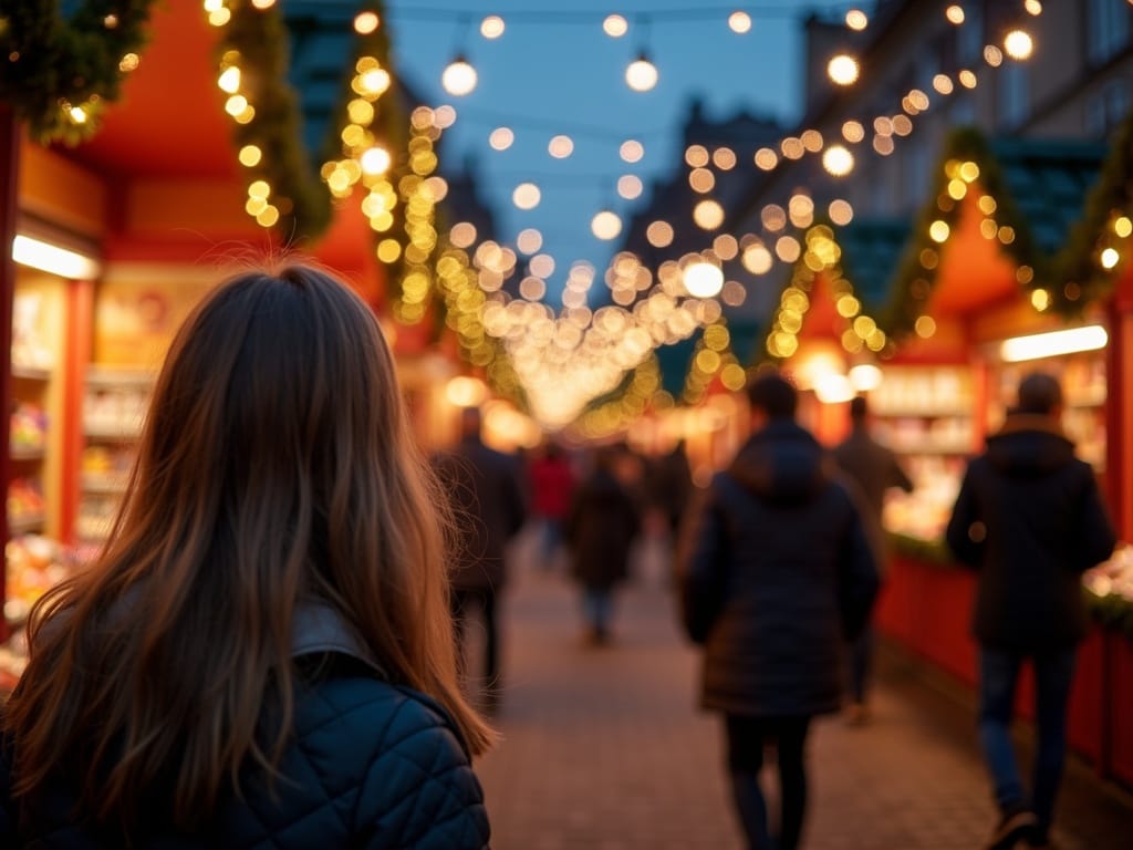 Famiglia italiana visita un mercatino natalizio serale nel Regno Unito con luci festive