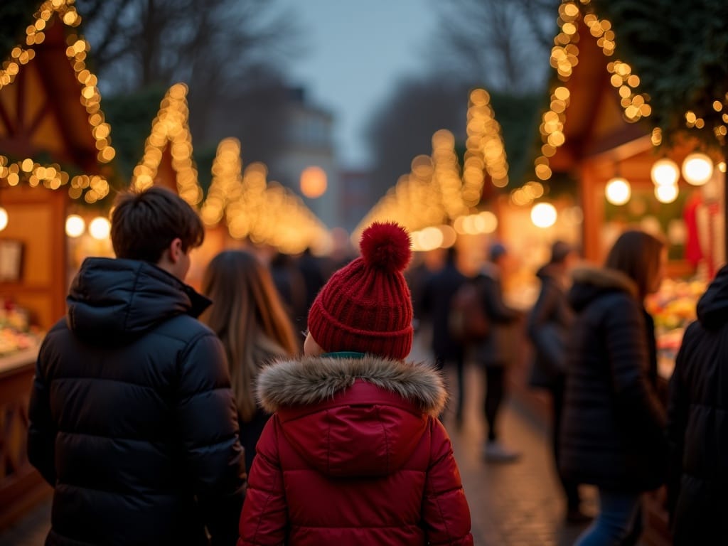 Famiglia italiana al mercatino di Natale a Londra tra luci festive e bancarelle colorate