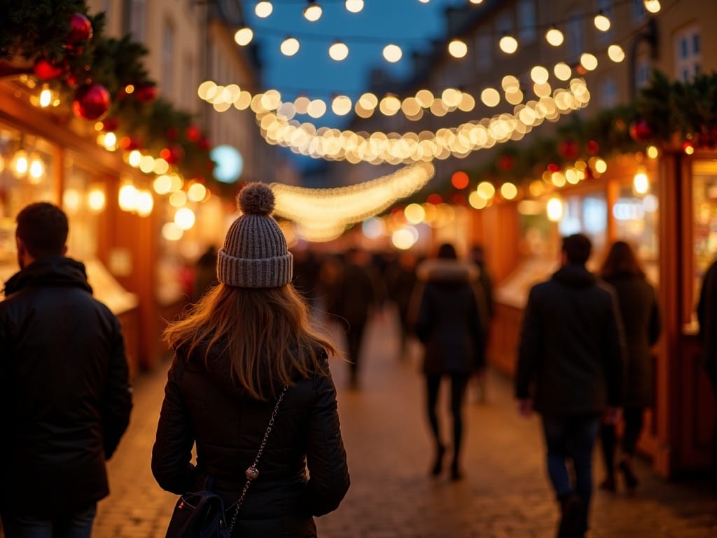 Famiglia al mercatino di Natale a Londra tra luci festive serali