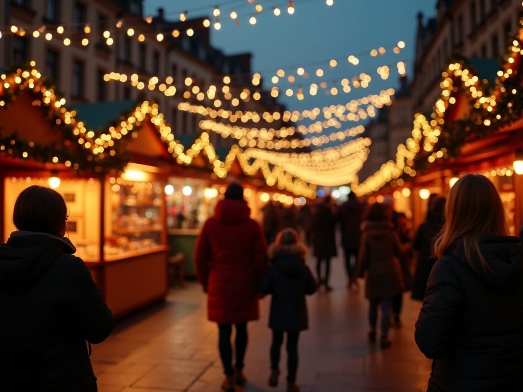 Famiglia italiana visita un mercatino di Natale nel Regno Unito di sera, tra luci festive e bancarelle