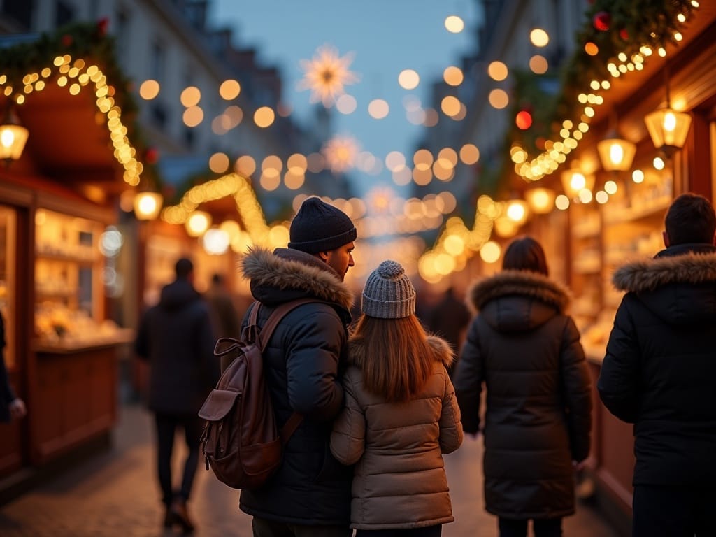 Famiglia italiana al mercatino di Natale serale a Londra tra luci festive