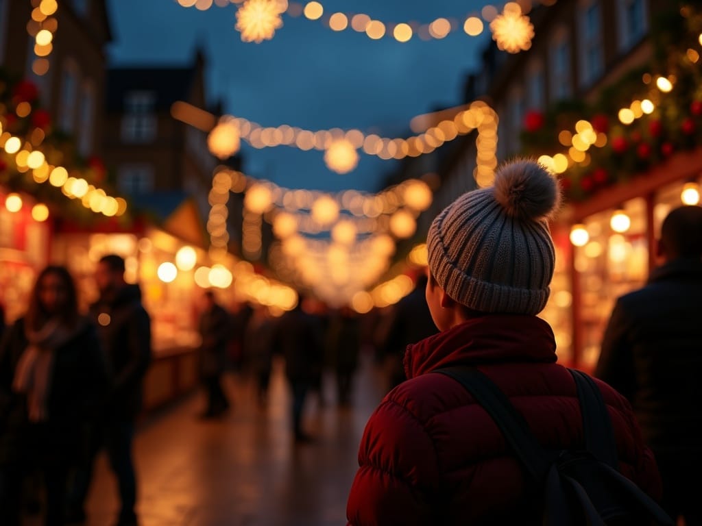 Famiglia italiana visita un mercatino di Natale serale nel Regno Unito tra luci festive e bancarelle all'aperto