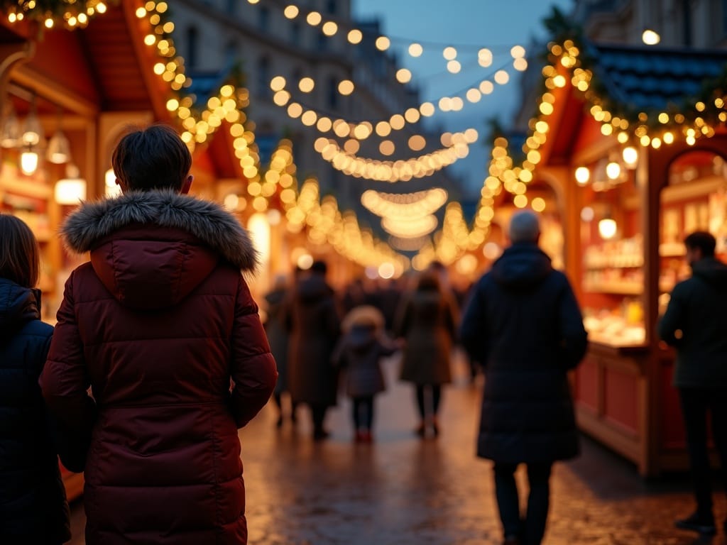 Famiglia italiana esplora un mercatino di Natale a Londra con luci serali e decorazioni natalizie