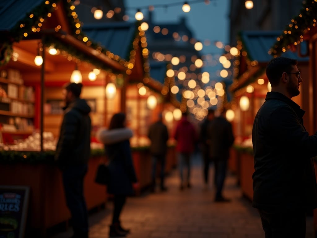 Famiglia al mercato di Natale a Londra tra luci festive rosse, verdi e oro