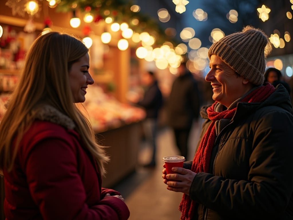 Famiglia italiana visita un mercatino di Natale nel Regno Unito di sera con luci festive