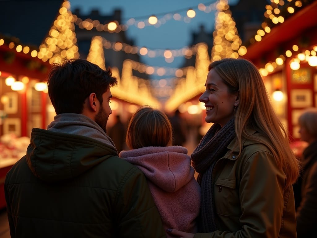 Famiglia italiana ai mercatini di Natale nel Regno Unito con luci serali festive