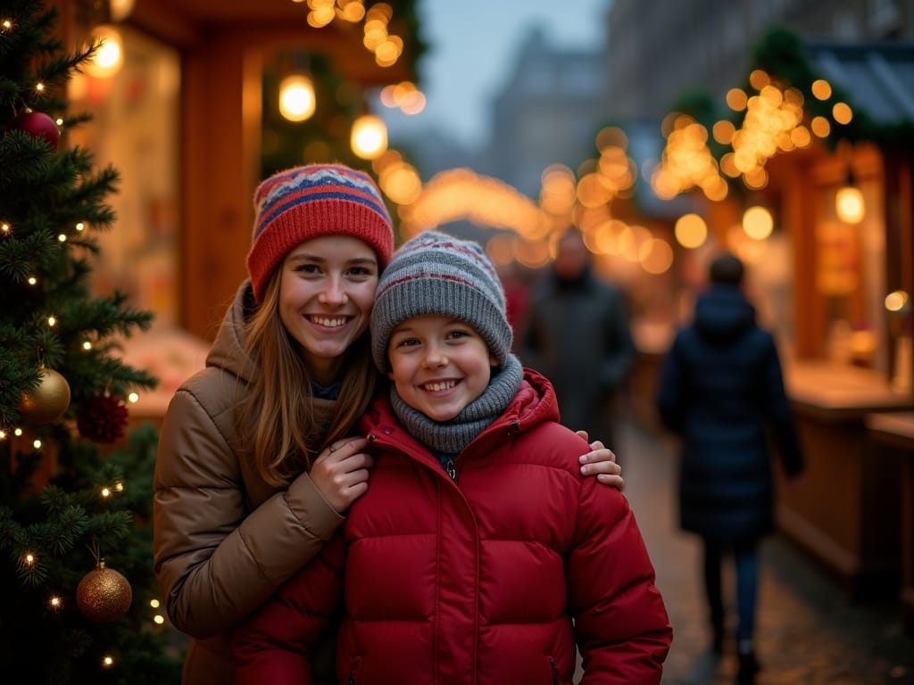 Famiglia italiana al mercatino di Natale serale a Londra con luci festive
