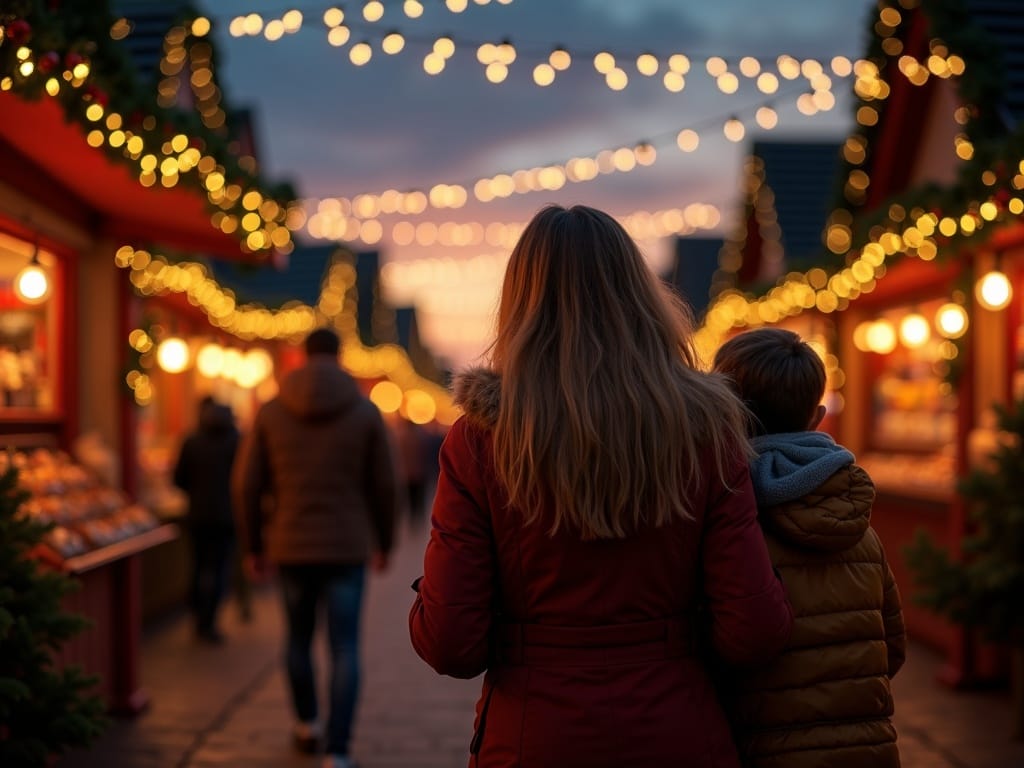 Famiglia italiana visita un mercatino di Natale nel Regno Unito di sera con luci festive
