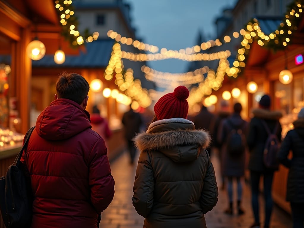 Famiglia italiana passeggia al mercatino di Natale nel Regno Unito tra luci festive e bancarelle all'aperto