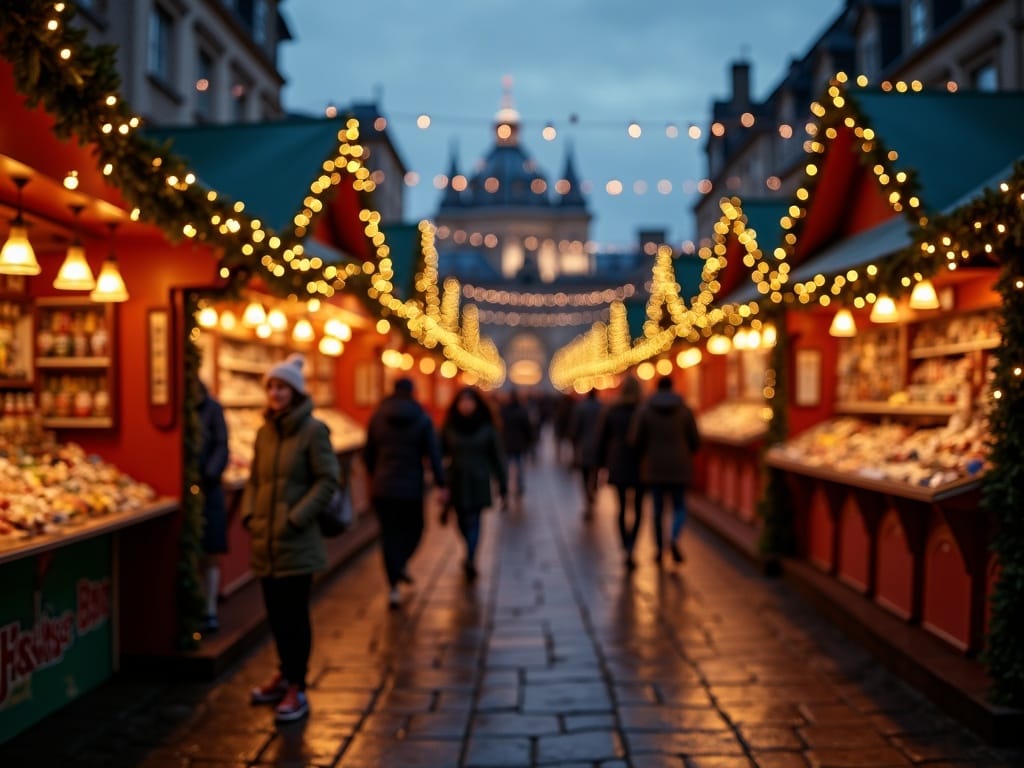Famiglia che visita un mercatino di Natale nel Regno Unito tra luci festive