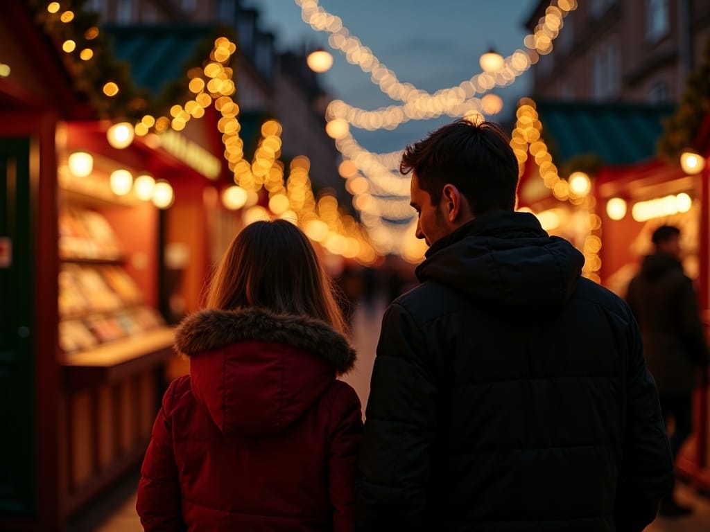 Famiglia italiana al mercato natalizio nel Regno Unito tra luci e bancarelle festive