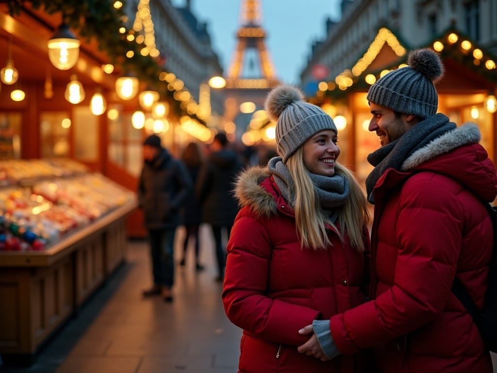 Famiglia italiana al mercatino di Natale nel Regno Unito con luci festive