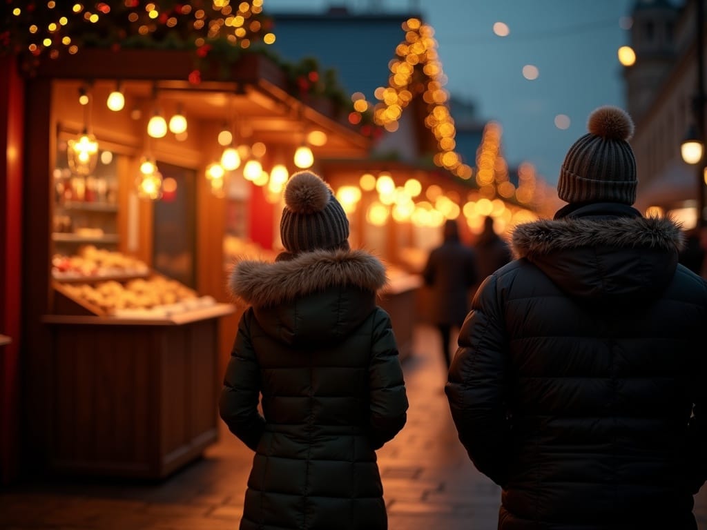 Famiglia italiana al mercatino natalizio nel Regno Unito tra luci e bancarelle