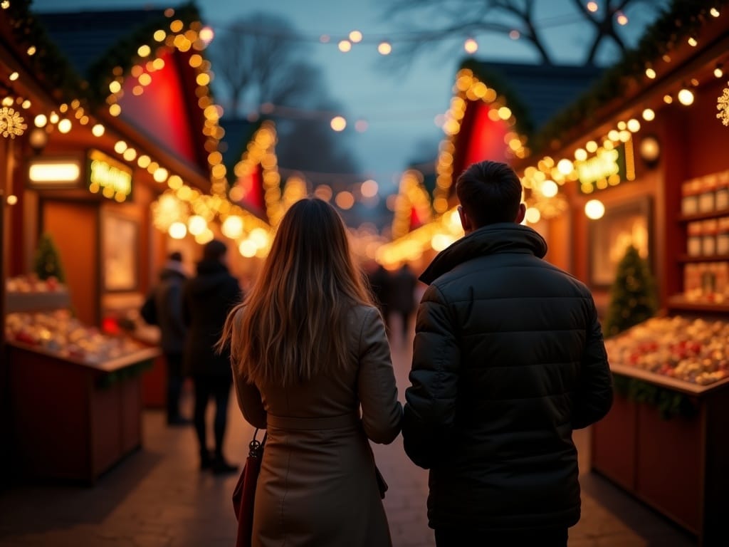 Famiglia italiana al mercatino di Natale serale nel Regno Unito con luci festive