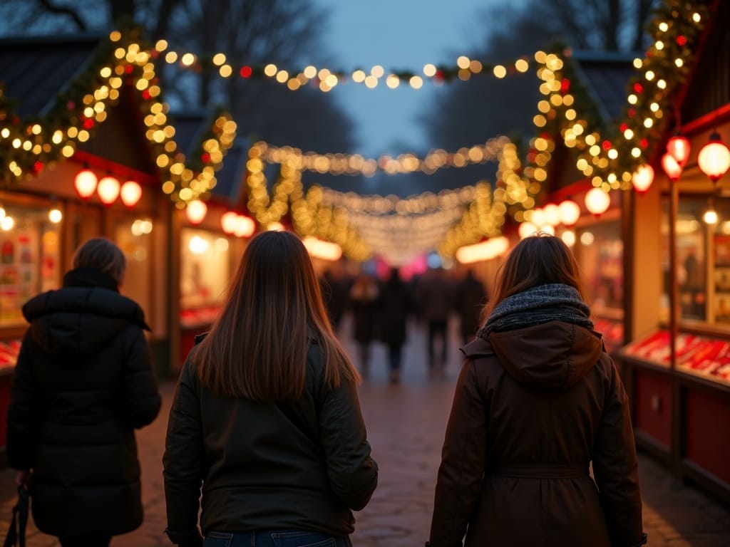 Famiglia italiana visita un mercatino di Natale nel Regno Unito con decorazioni rosse, verdi e dorate