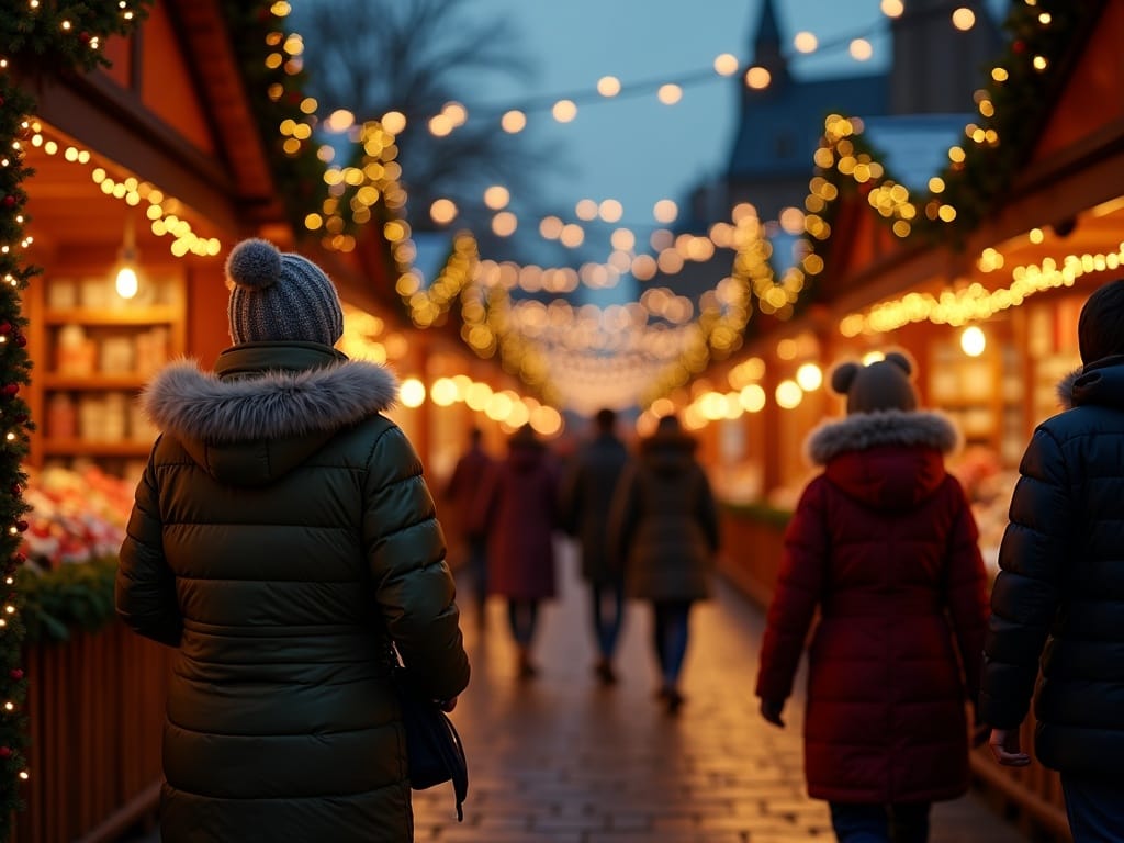 Famiglia italiana visita mercatino di Natale nel Regno Unito tra luci serali