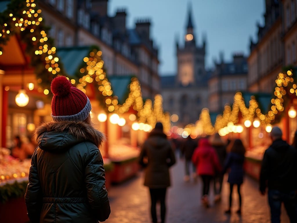 Famiglia che visita un mercatino di Natale a Edimburgo tra luci festive serali