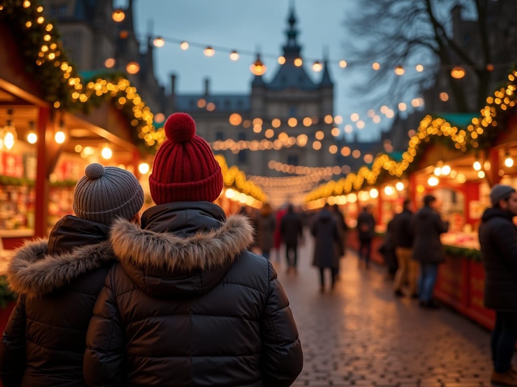 Famiglia con bambini al mercatino di Natale a Edimburgo tra luci festive