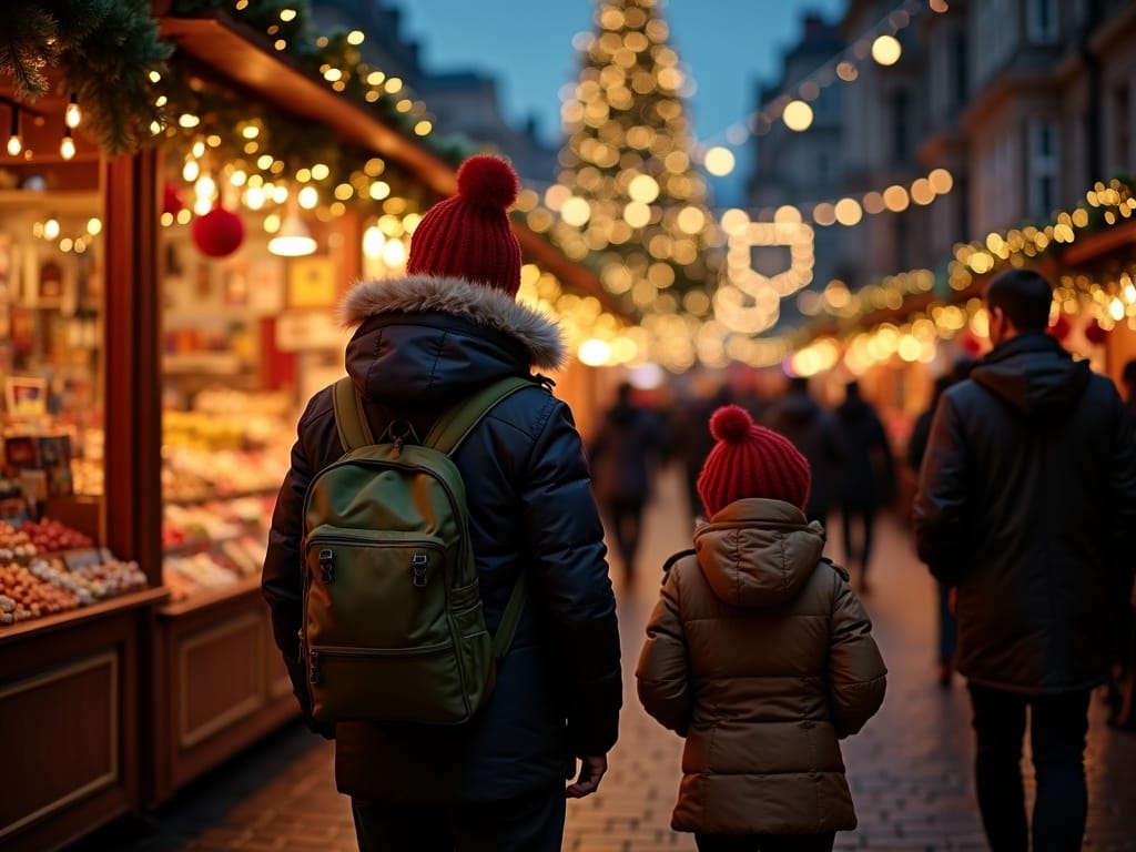 Famiglia italiana al mercatino di Natale nel Regno Unito tra luci serali