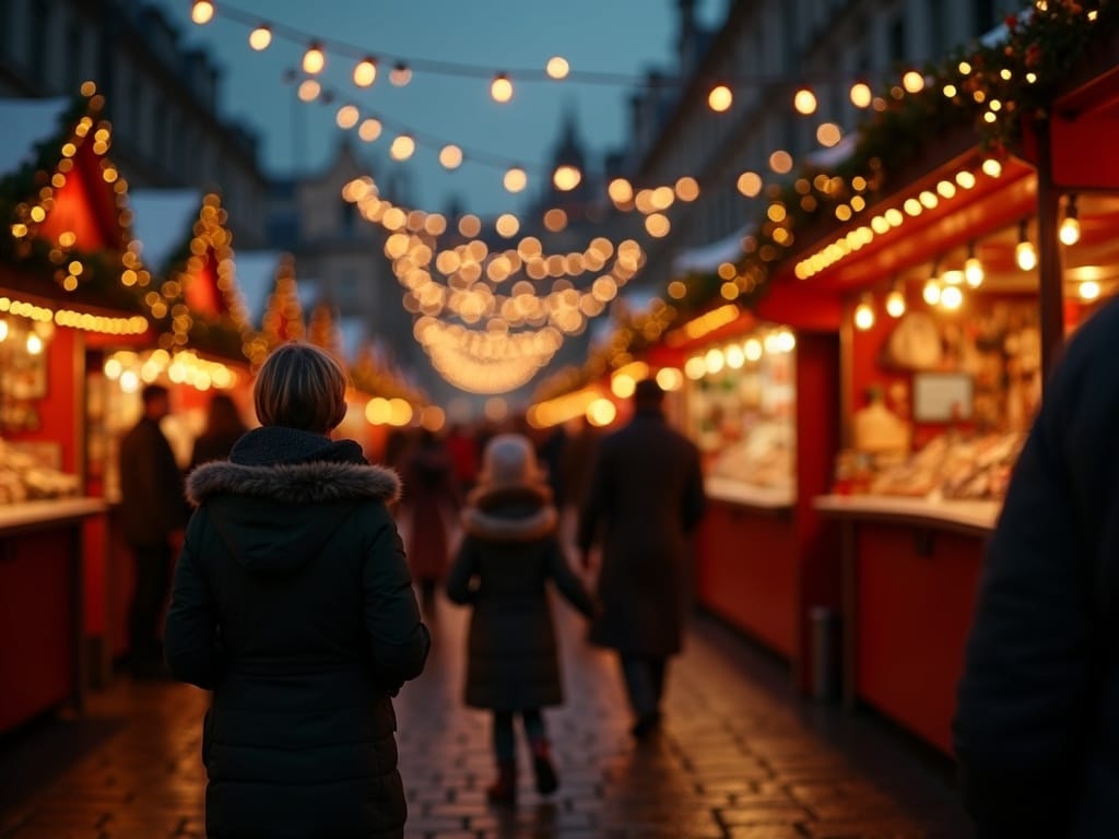 Famiglia italiana visita un mercatino natalizio serale nel Regno Unito decorato con luci festive
