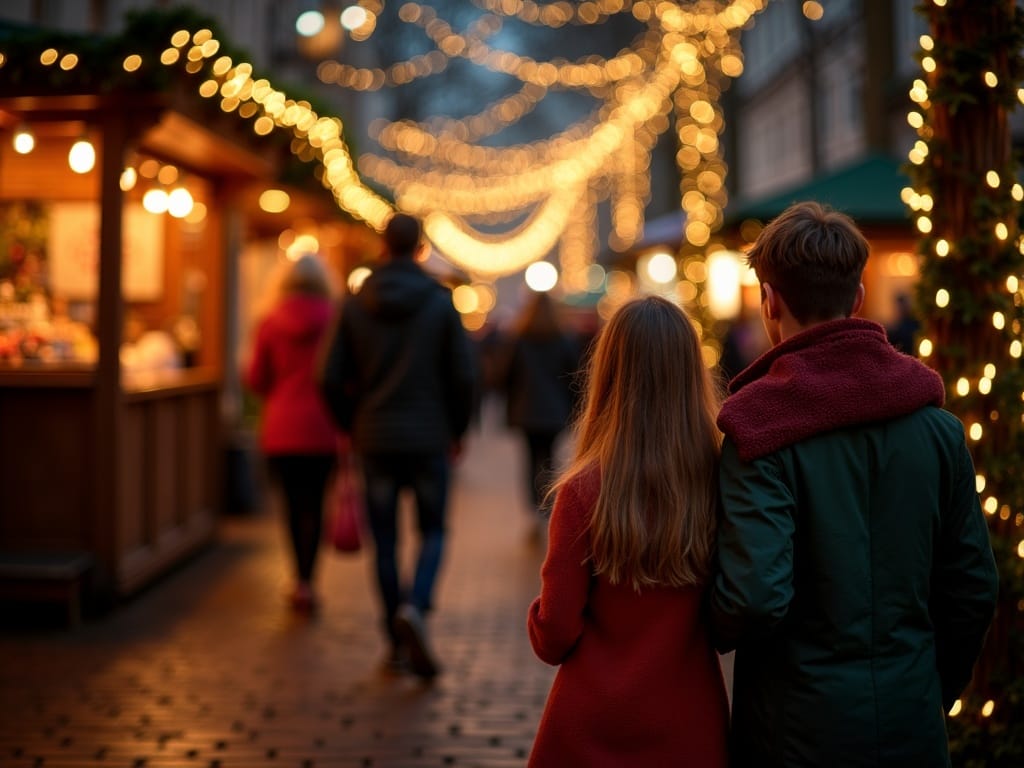 Famiglia italiana visita un mercatino natalizio serale a Londra con luci festive