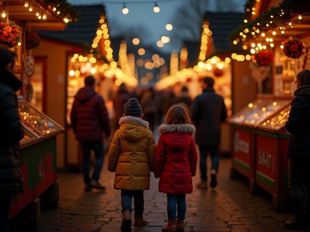 Famiglia italiana visita un mercatino di Natale nei Cotswolds con luci festive e decorazioni serali