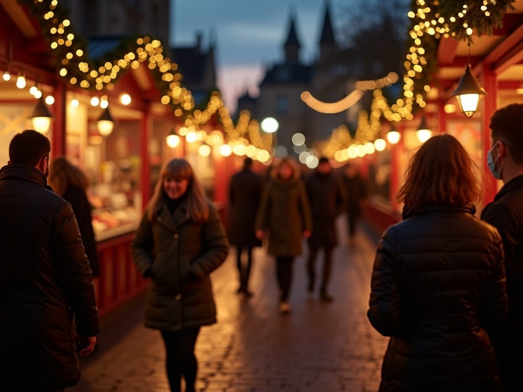 Famiglia che visita un mercatino di Natale a Edimburgo con luci festive