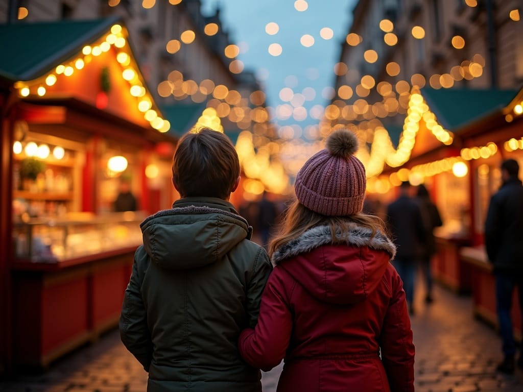 Famiglia visita un mercatino di Natale a Edimburgo tra luci festive