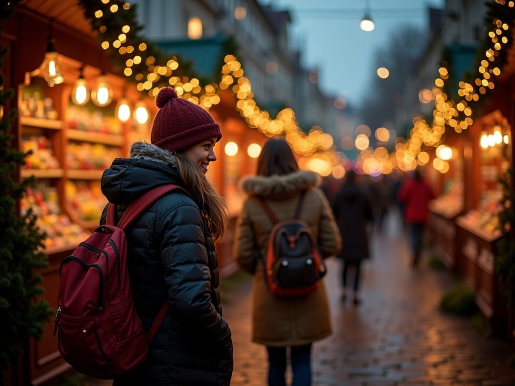 Famiglia che visita un mercatino di Natale all'aperto nel Regno Unito con luci festive la sera