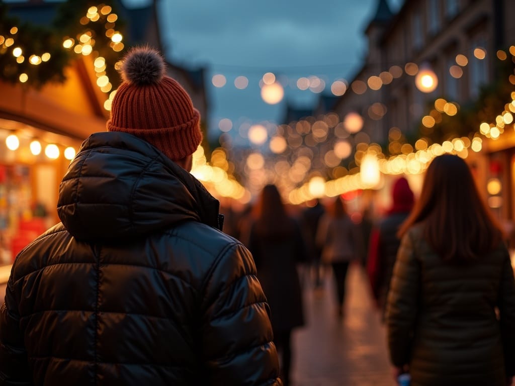 Famiglia che visita un mercatino di Natale nel Regno Unito tra bancarelle e luci festive