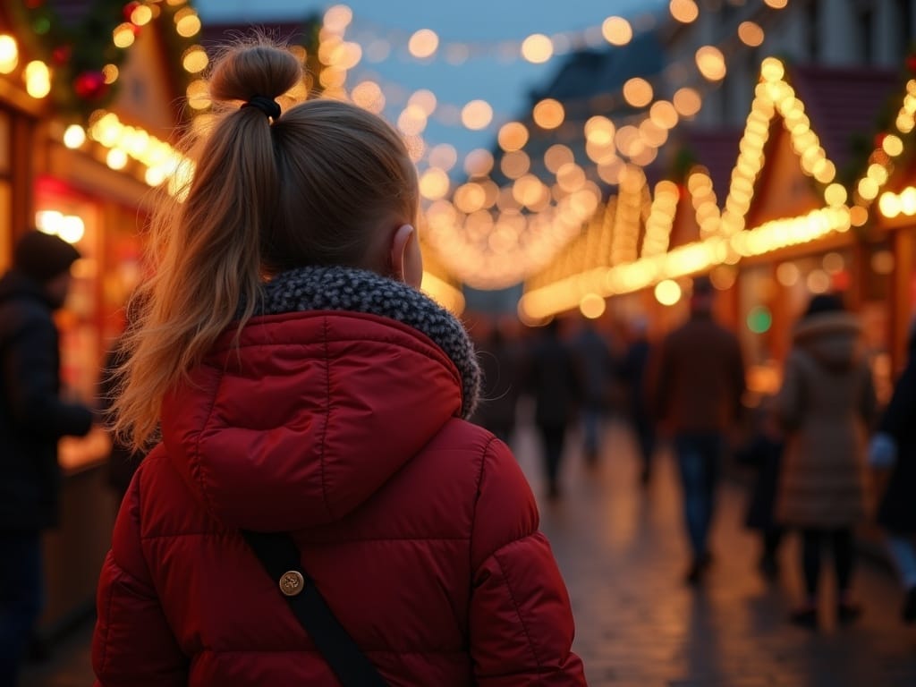Famiglia italiana al mercatino di Natale nel Regno Unito con luci festive