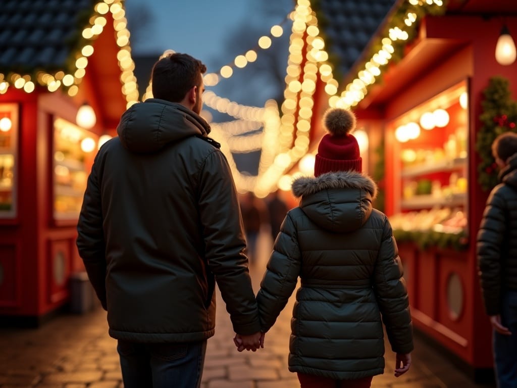 Famiglia italiana visita un mercatino natalizio nel Regno Unito con luci festive serali