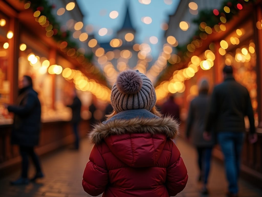 Famiglia italiana visita un mercatino natalizio serale nel Regno Unito con luci festive
