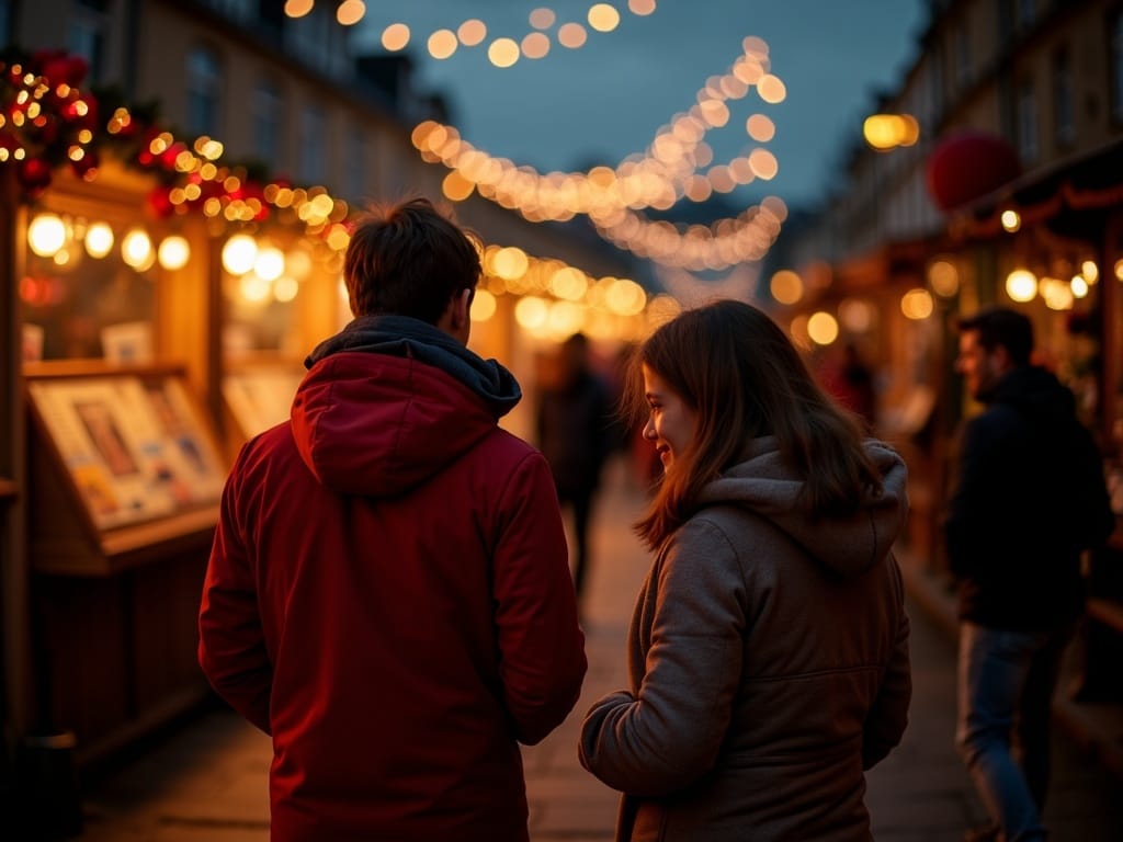 Famiglia al mercato di Natale britannico tra bancarelle e luci festive serali