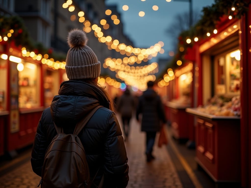 Famiglia che visita un mercatino di Natale nel Regno Unito sotto luci festive serali