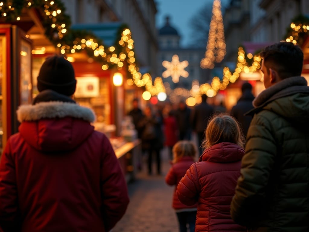 Famiglia visita un mercatino di Natale nel Regno Unito con luci festive