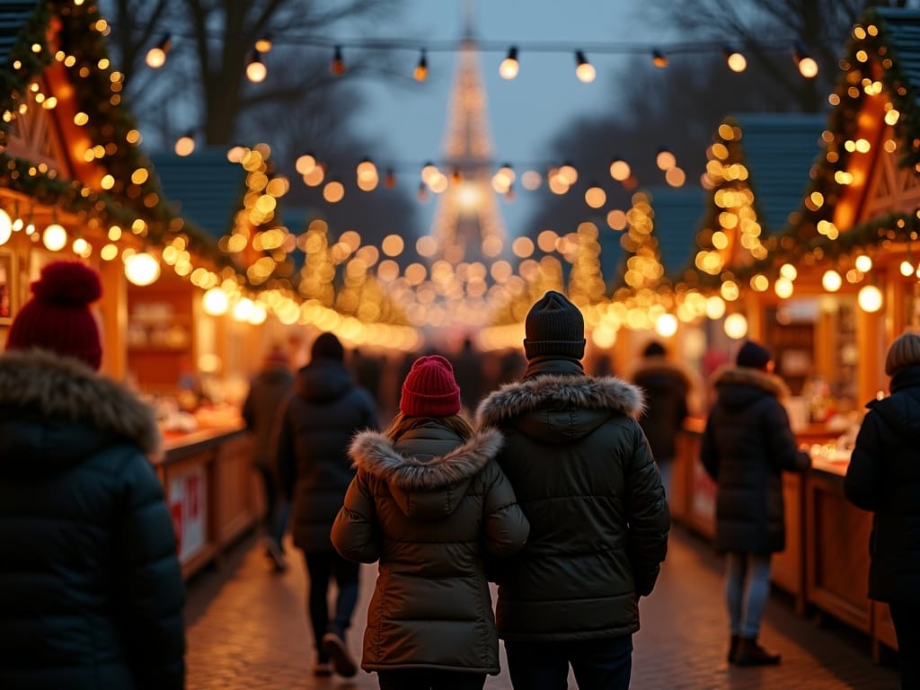 Famiglia che visita un mercatino di Natale nel Regno Unito con luci festive serali