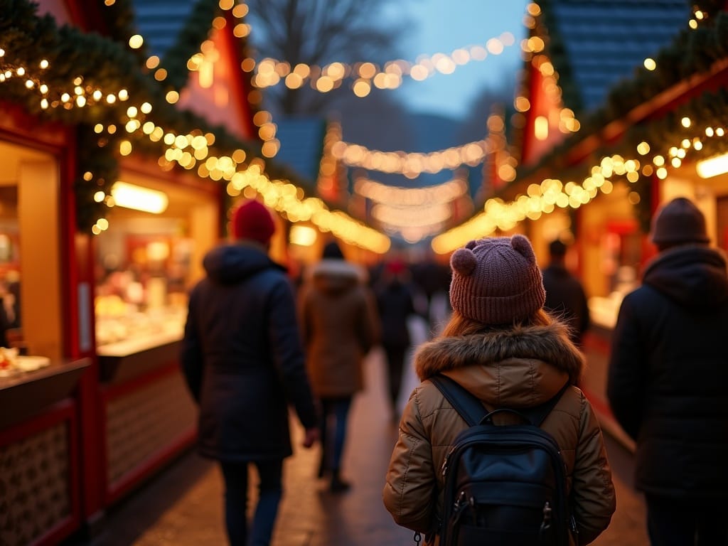 Famiglia italiana visita un mercatino di Natale a Londra con luci festive