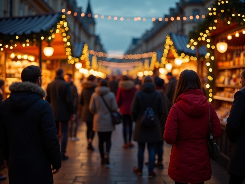 Famiglia che visita un mercatino di Natale nel Regno Unito tra luci festive e bancarelle natalizie