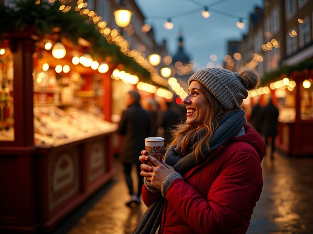 Famiglia italiana visita mercatino di Natale a Londra tra luci festive