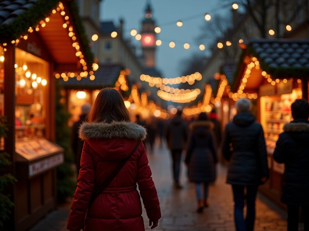 Famiglia italiana al mercatino di Natale nel Regno Unito con luci festive