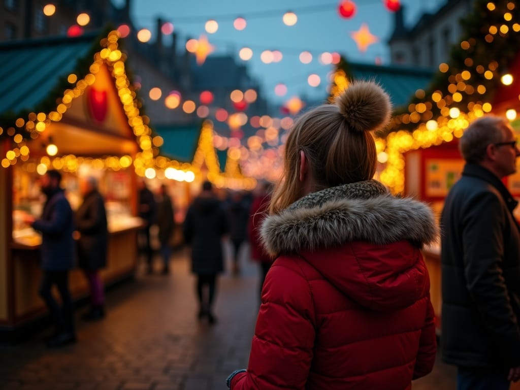 Famiglia italiana passeggia tra le bancarelle natalizie in un mercatino britannico serale con luci festive