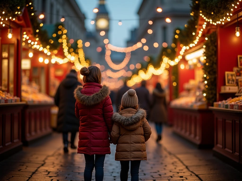 Famiglia che visita un mercatino di Natale a Londra con luci festive serali