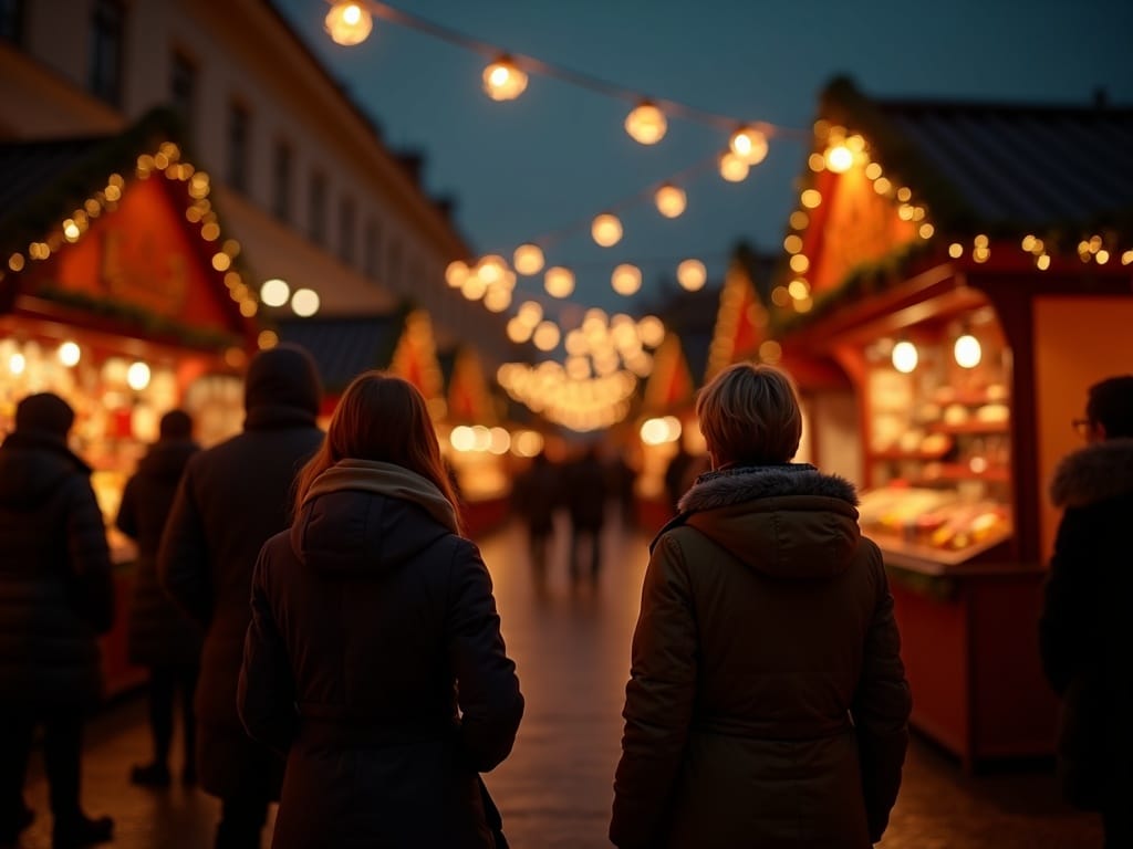 Famiglia italiana esplora un mercatino natalizio nel Regno Unito con luci festive