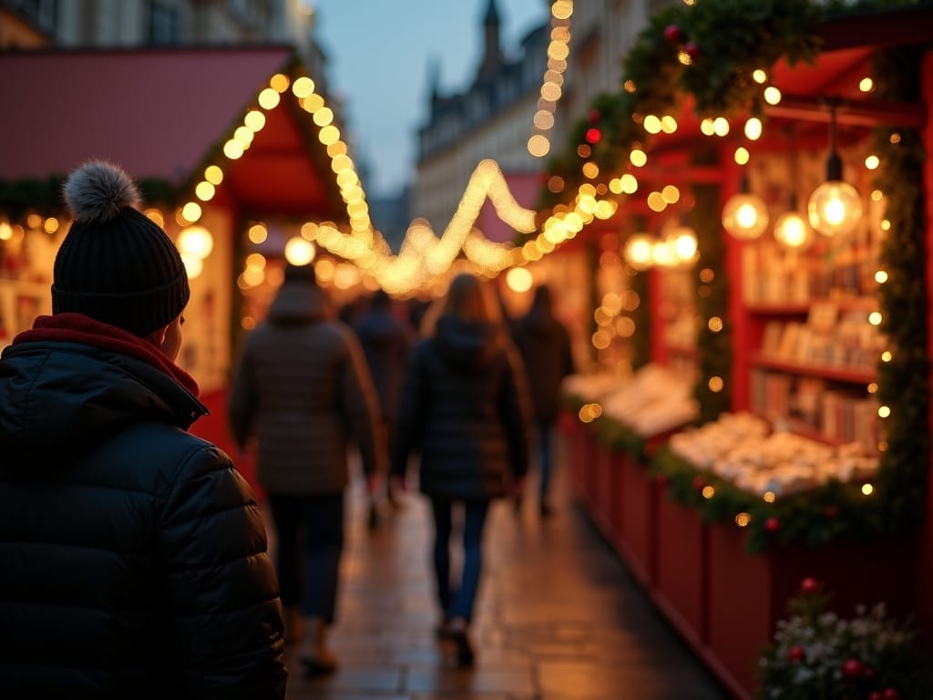 Famiglia italiana al mercato natalizio serale nel Regno Unito tra luci festive