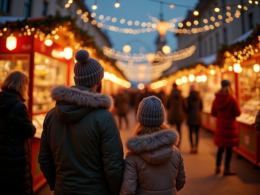 Famiglia al mercatino di Natale a Brighton tra luci festive e bancarelle