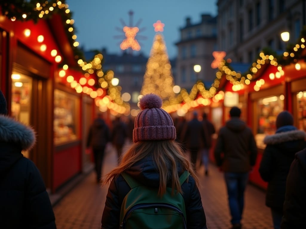Famiglia italiana esplora un mercatino natalizio britannico con luci festive