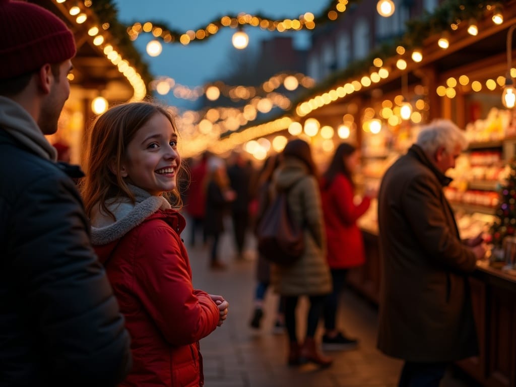 Famiglia italiana visita un mercatino natalizio all'aperto con luci festive nel Regno Unito